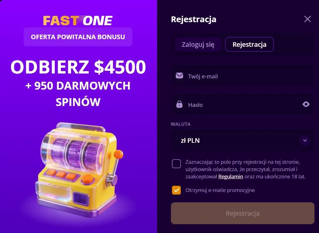 Formularz zakładania nowego konta gracza na platformie Fast One Casino